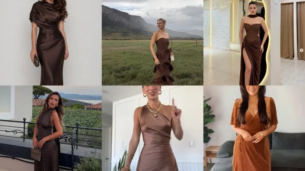 20 Brown Wedding Guest Dress Ideas With Ruffles, Florals and Shine
