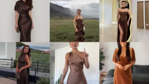20 Brown Wedding Guest Dress Ideas With Ruffles, Florals and Shine