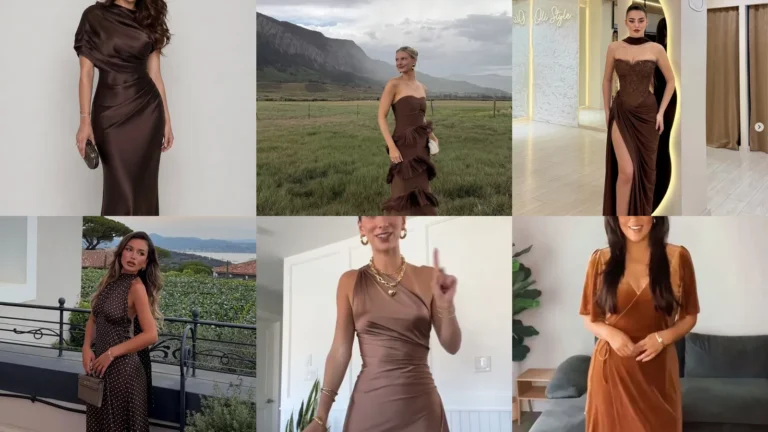 20 Brown Wedding Guest Dress Ideas With Ruffles, Florals and Shine