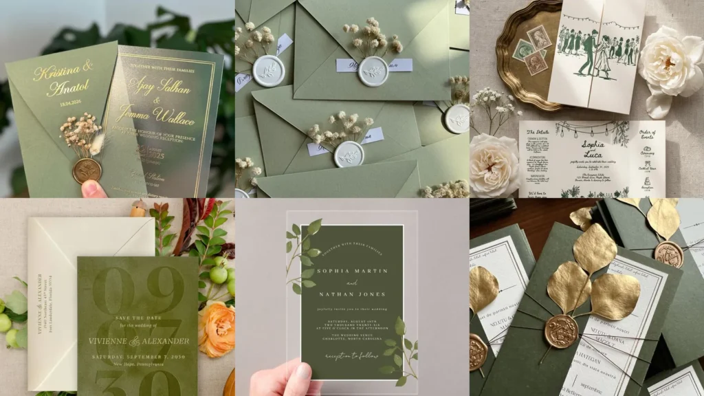 20 Olive Green Wedding Invitations and Matching Stationery Ideas